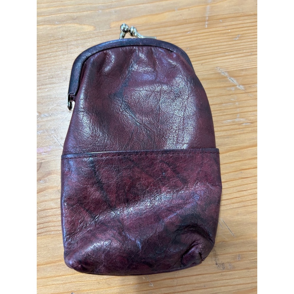 Vintage Genuine Leather Kiss Lock Pouch Dark Burgundy Cigarette Coin Purse Case